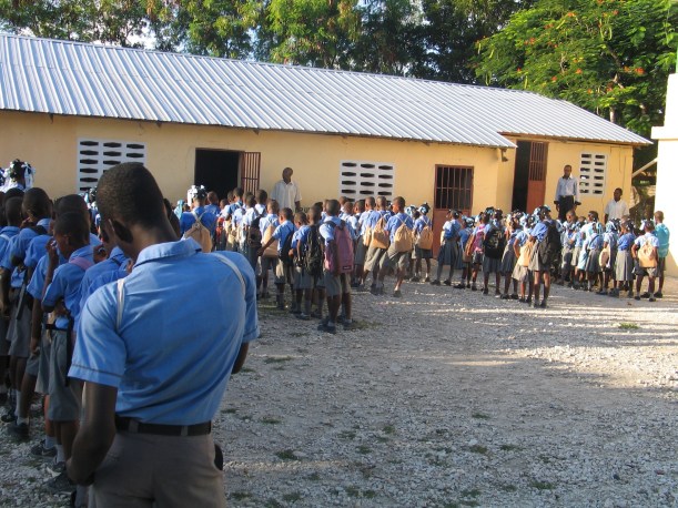 School begins with singing the national anthem and prayer.
