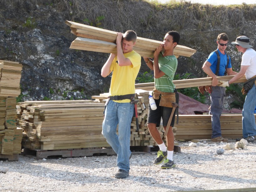 Precut lumber had to be moved to assembly areas.