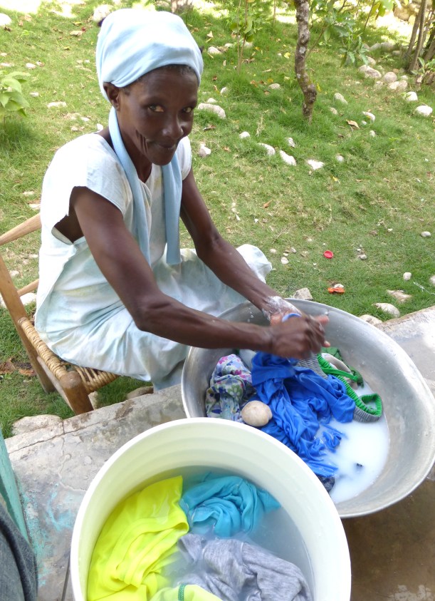 What gets wet has to dry. There are no electric dryers in Haiti! Wash gets started early so it has a chance to dry by evening!