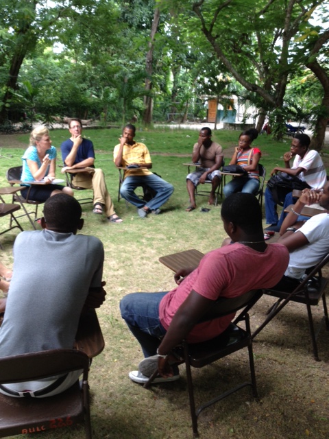 Sharing the gospel with a conversation club at the American University of the Caribbean.