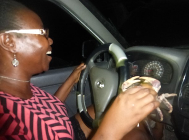 Adline was excited about her crab that she picked up! 