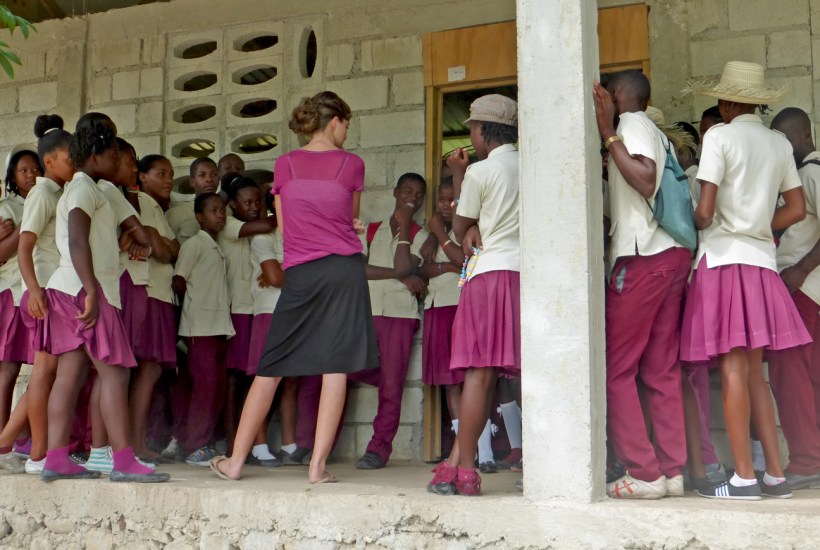 Trinity shared the gospel message in Creole at the "Godi" high school. 